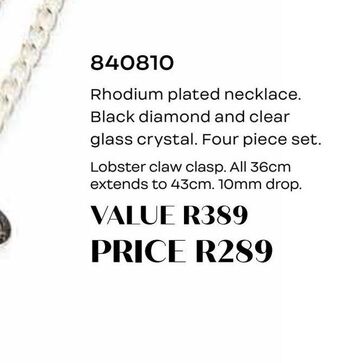 Honey Fashion Accessories Rhodium plated necklace. black diamond and clear glass crystal. four piece set. offer