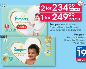 Clicks Pampers Premium Care Pants or Disposable Nappies Value Pack Size 3 and upwards offer