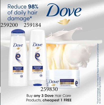 Clicks Buy any 3 Dove Hair Care Products, cheapest 1 FREE offer
