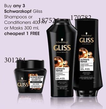 Buy any 3 Schwarzkopf Gliss Shampoos or Conditioners or Masks 300 ml, cheapest 1 FREE