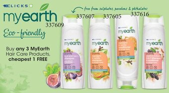 Clicks Buy any 3 MyEarth Hair Care Products, cheapest 1 FREE offer