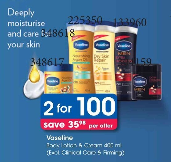Vaseline Body Lotion & Cream 400 ml (Excl. Clinical Care & Firming) offer at Clicks