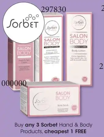 Clicks Buy any 3 Sorbet Hand & Body Products, cheapest 1 FREE offer