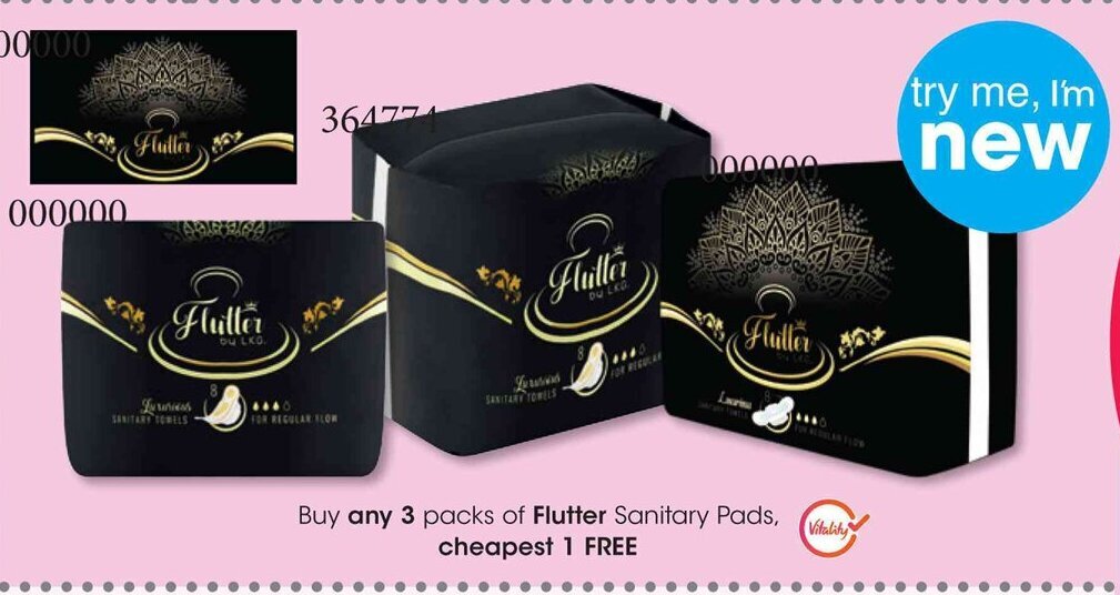 Buy any 3 packs of Flutter Sanitary Pads, cheapest 1 FREE offer at Clicks