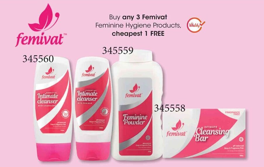 Buy any 3 Femivat Feminine Hygiene Products, cheapest 1 FREE offer at