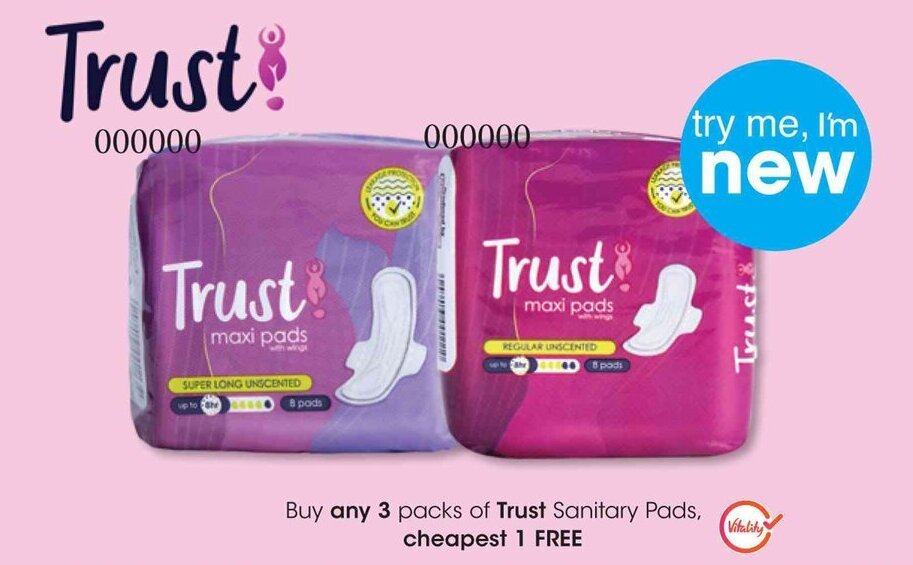 Buy any 3 packs of Trust Sanitary Pads, cheapest 1 FREE offer at Clicks