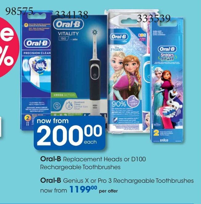 OralB Replacement Heads or D100 Rechargeable Toothbrushes offer at Clicks