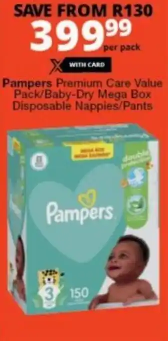 Checkers Hyper Pampers Premium Care Value Pack/Baby-Dry Mega Box Disposable Nappies/Pants offer