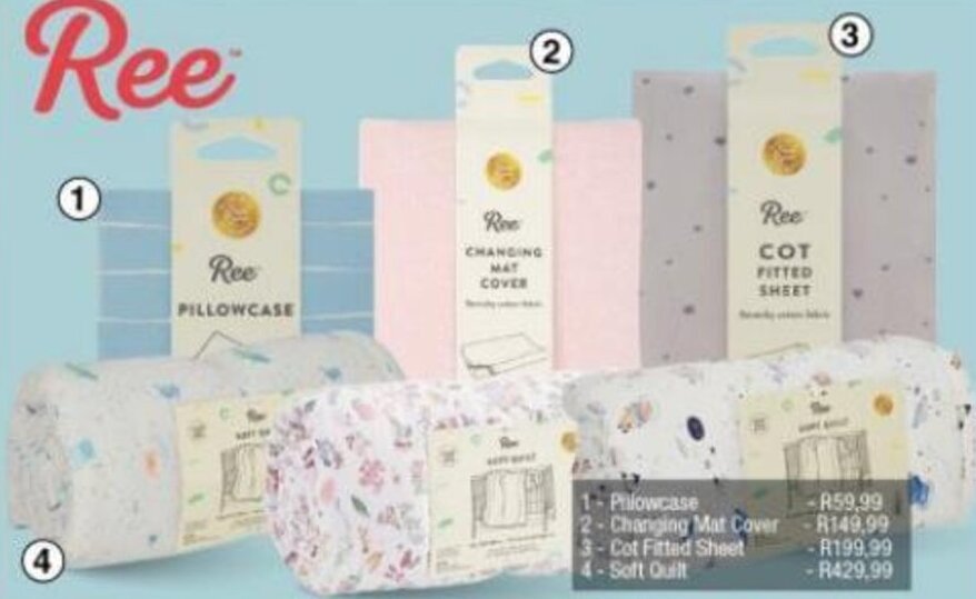 Ree 1 Pillowcase 2Changing Mat Cover 3Cot Fitted Sheet 4Soft Quilt