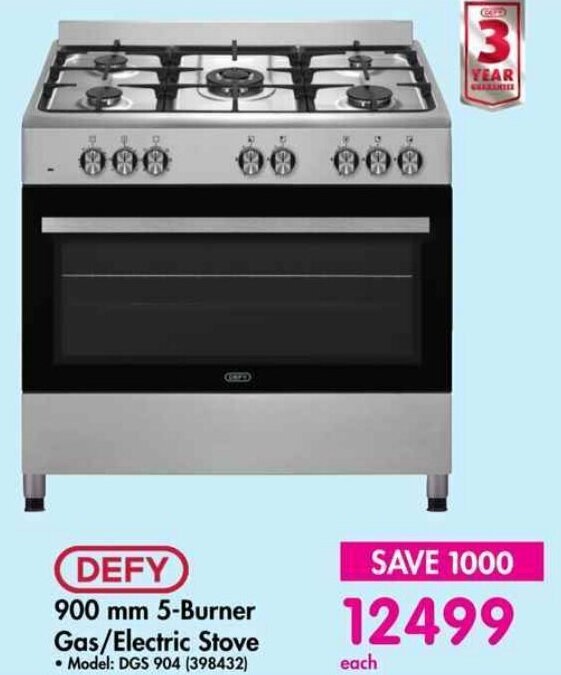 DEFY 900 mm 5Burner Gas/Electric Stove offer at Makro