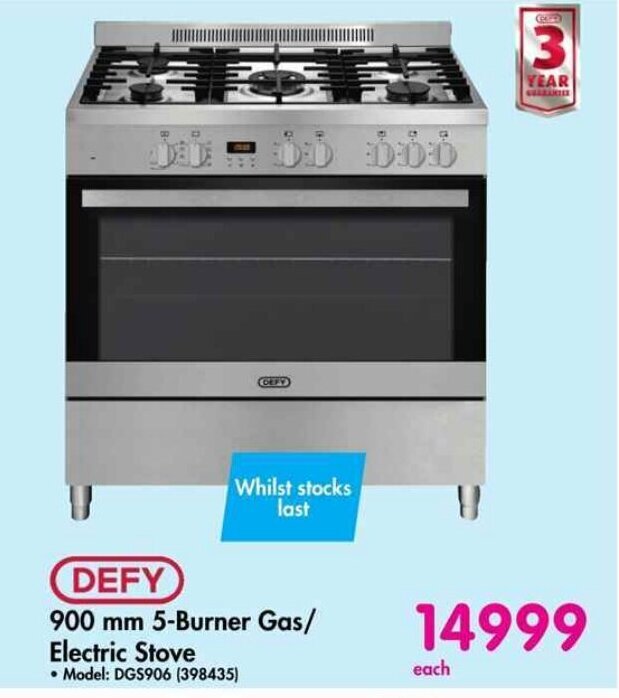 DEFY 900 mm 5Burner Gas/ Electric Stove offer at Makro