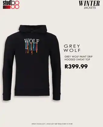 Studio 88 Grey wolf paint drip hooded sweat top offer