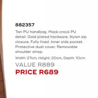 Honey Fashion Accessories Tan pu handbag. mock crock pu detail. gold plated hardware offer