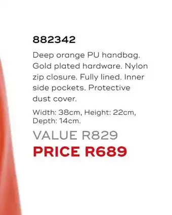 Honey Fashion Accessories Deep orange pu handbag. gold plated hardware. nylon zip closure. fully lined inner side pockets offer