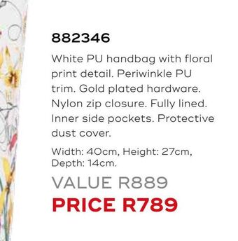 White pu handbag with floral print detail. periwinkle pu trim.