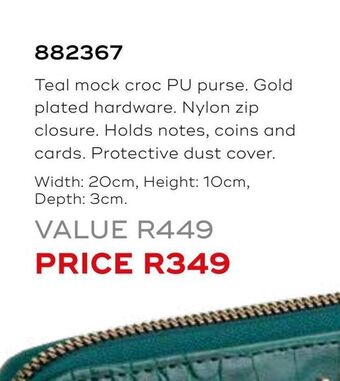 Teal mock croc pu purse. gold plated hardware. nylon zip closure