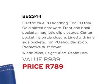 Honey Fashion Accessories Electric blue pu handbag offer