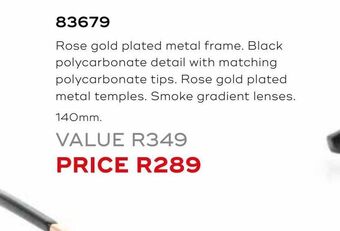 Honey Fashion Accessories Rose gold plated metal frame. black polycarbonate detail with matching polycarbonate tips offer