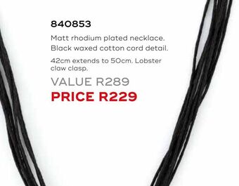 Honey Fashion Accessories Matt rhodium plated necklace. black waxed cotton cord detail offer