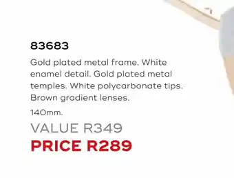 Gold plated metal frame. white enamel detail gold plated metal temples white polycarbonate tips brown gradient lenses