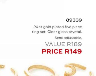 24ct gold plated five piece ring set clear glass cryrtal