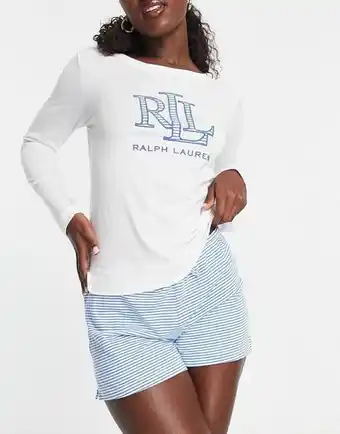Lauren by ralph lauren short boxer pyjama set with logo in blue stripe
