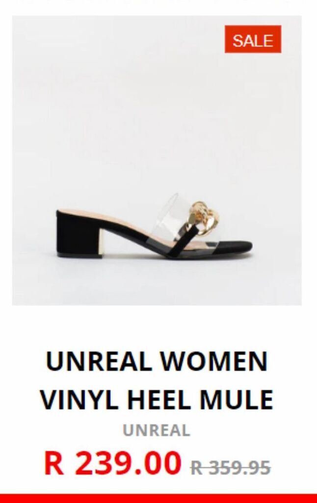 Unreal women vinyl heel mule offer at Shoe City