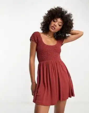 Asos Asos design scoop neck cap sleeve crinkle shirred mini dress in brown offer