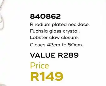 Honey Fashion Accessories Rhodium plated necklace. fuchsia glass crystal offer