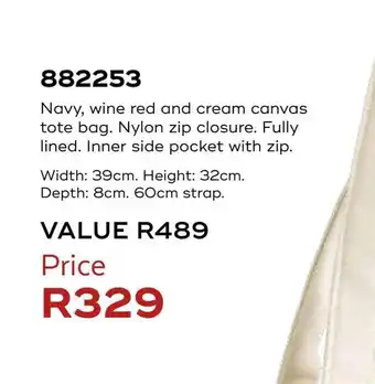 Navy wine red and cream canvas tote bag
