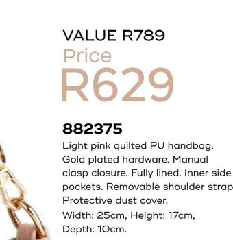 Honey Fashion Accessories Light pink quilted pu handbag offer