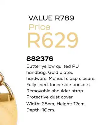 Honey Fashion Accessories Butter yellow quilted pu handbag gold plated hardware manual clasp closure fully lined offer