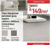 Leroy Merlin Floor tile glazed porcelain grey topeka l60cm x w60cm (2.6sqm/box) 81477819-per sqm offer