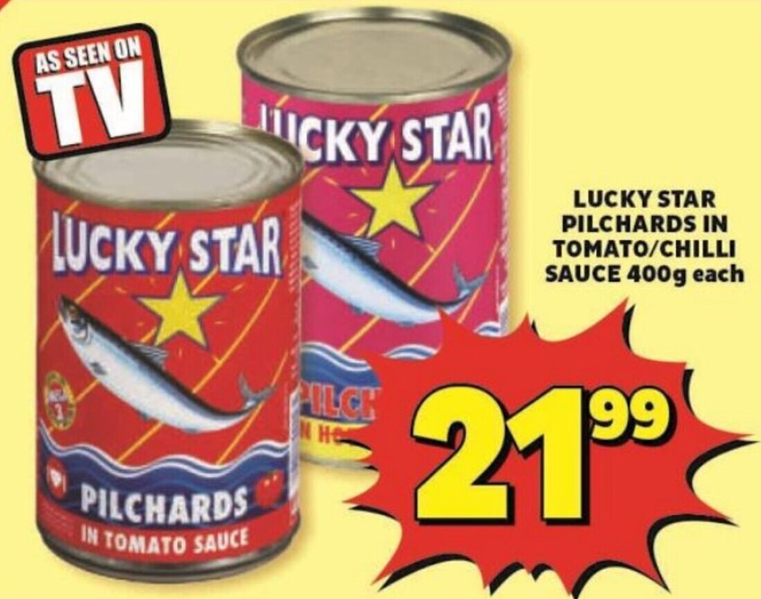 LUCKY STAR PILCHARDS IN TOMATO/CHILLI SAUCE 400g each offer at Usave