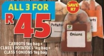 Usave CARROTS 1kg bag+ CLASS 1 POTATOES 1kg bag CLASS 1 ONIONS 1kg bag offer