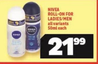 Usave NIVEA ROLL-ON FOR LADIES/MEN all variants 50ml each offer
