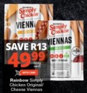 Checkers Rainbow Simply Chicken Original/ Cheese Viennas offer