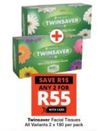 Checkers Twinsaver Facial Tissues All Variants 2 x 180 per pack offer