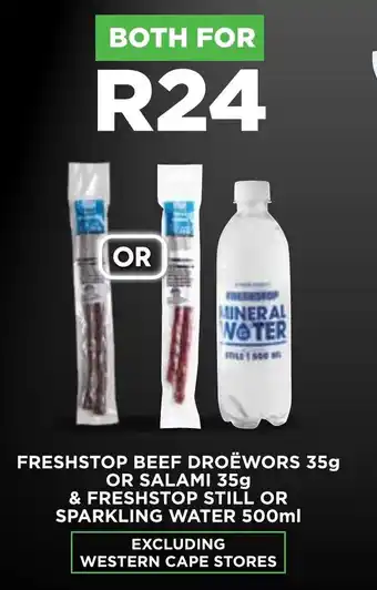 Fresh Stop FRESHSTOP BEEF DROËWORS 35g OR SALAMI 35g & FRESHSTOP STILL OR SPARKLING WATER 500ml offer