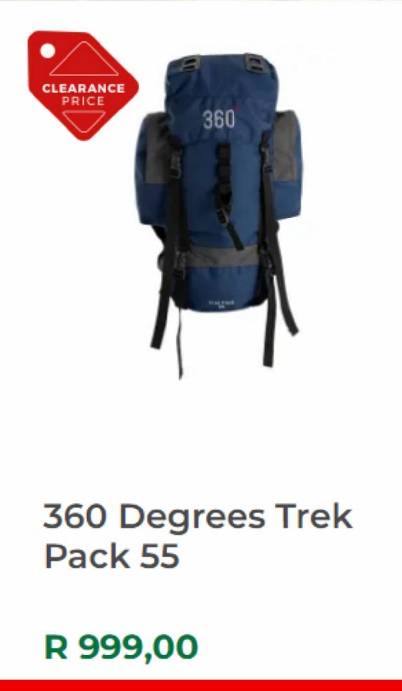 360 defrees trek pack 55 offer at Outdoor Warehouse