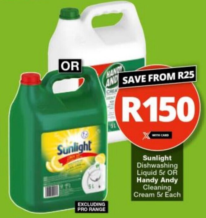 Sunlight Dishwashing Liquid 5L OR Handy Andy Cleaning Cream 5L Each