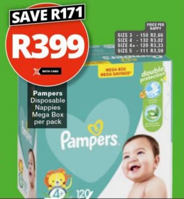 Pampers Disposable Nappies Mega Box per pack offer at Checkers