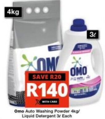 Checkers Omo Auto Washing Powder 4kg/ Liquid Detergent 3L Each offer