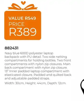Navy blue 600d polyester laptop backpack with pu detail. two side netting compatments for golding bottles