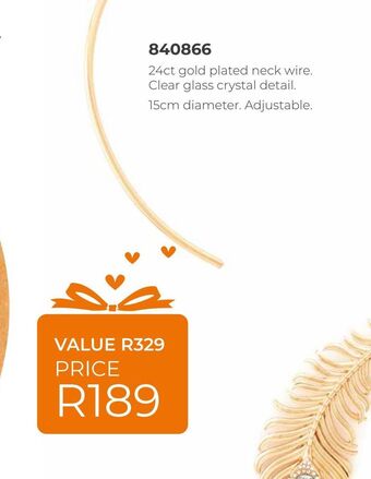 24ct gold plated neck wire, clear glass crystal detail,