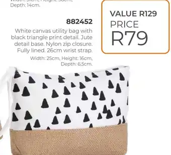 Honey Fashion Accessories White canvas utility bag with black triangle print detail, jute detail base. nylon zip closure. offer