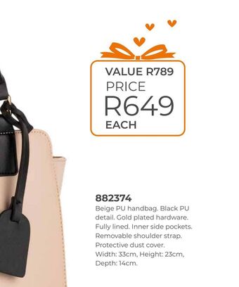 Honey Fashion Accessories Beige pu handbag. black pu detail. offer