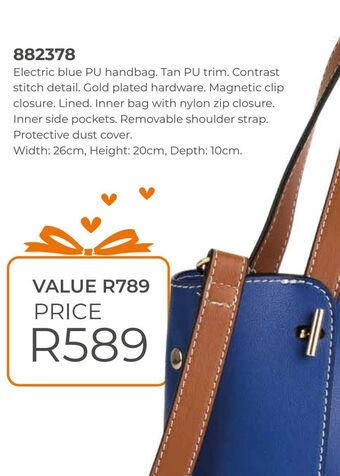 Electric blue pu handbag. tan pu trim