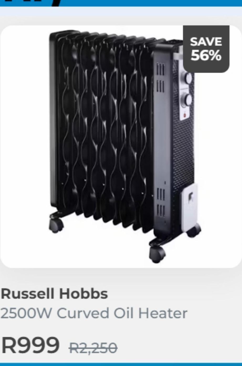 Russell hobbs 2500w curved oil heater offer at OneDayOnly