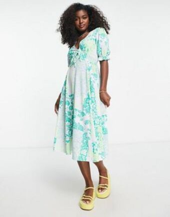 Asos Asos design tie front midi tea dress with godets in green mixed floral print offer